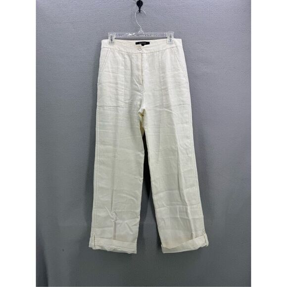 Nitya Womens White High Waist Linen Wide Leg Cuffed Trousers Pants Size 40 - Picture 1 of 14